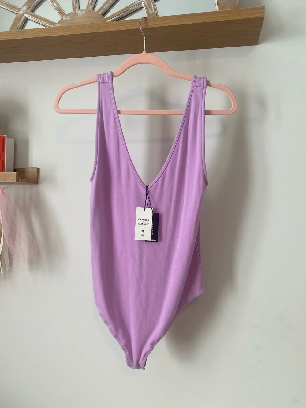 Express x Rocky Barnes Lilac V-Neck Sleeveless Bodysuit